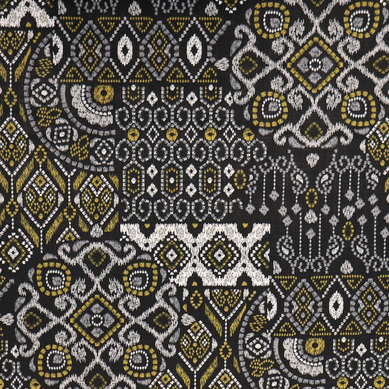 100% Cotton Black Cotton Fabric - Lino Geometric Print in Gold and White