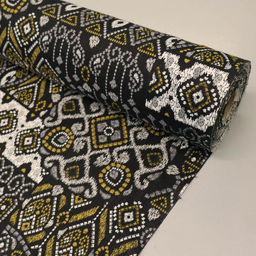 100% Cotton Black Cotton Fabric - Lino Geometric Print in Gold and White