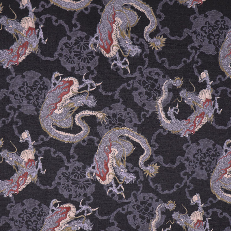 100% Cotton Japanese Textured Black Cotton Fabric - Grey Dragon Print
