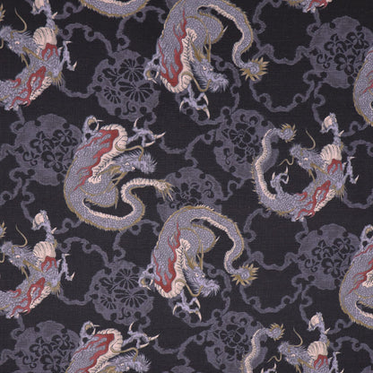 100% Cotton Japanese Textured Black Cotton Fabric - Grey Dragon Print
