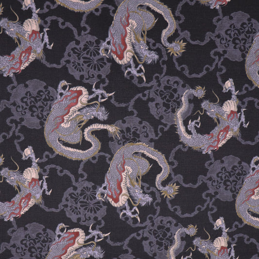 100% Cotton Japanese Textured Black Cotton Fabric - Grey Dragon Print
