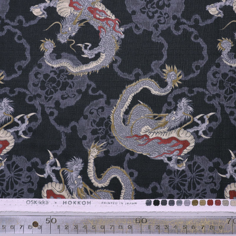 100% Cotton Japanese Textured Black Cotton Fabric - Grey Dragon Print