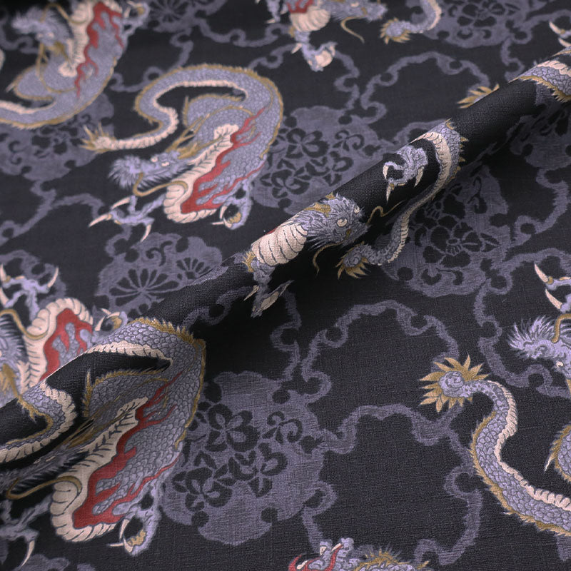 100% Cotton Japanese Textured Black Cotton Fabric - Grey Dragon Print