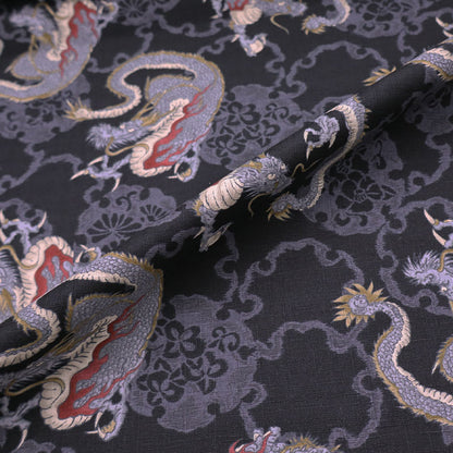 100% Cotton Japanese Textured Black Cotton Fabric - Grey Dragon Print