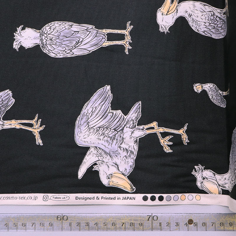 100% Cotton Black Japanese Cotton Fabric - Funny Pelican Bird Print
