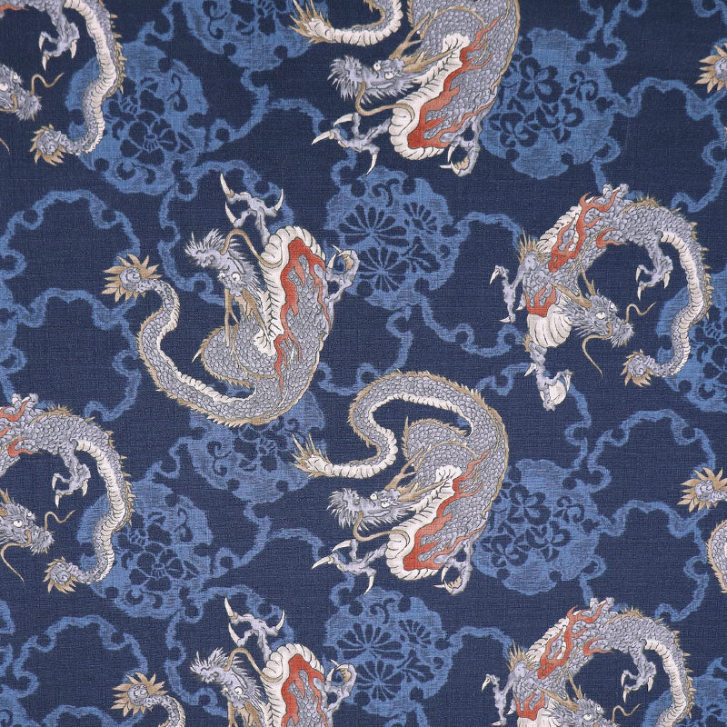 100% Cotton Japanese Textured Blue Cotton Fabric - Grey Dragon