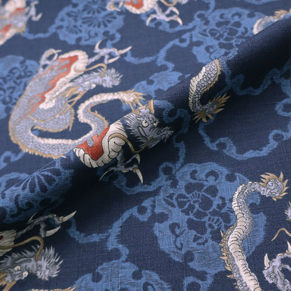 100% Cotton Japanese Textured Blue Cotton Fabric - Grey Dragon