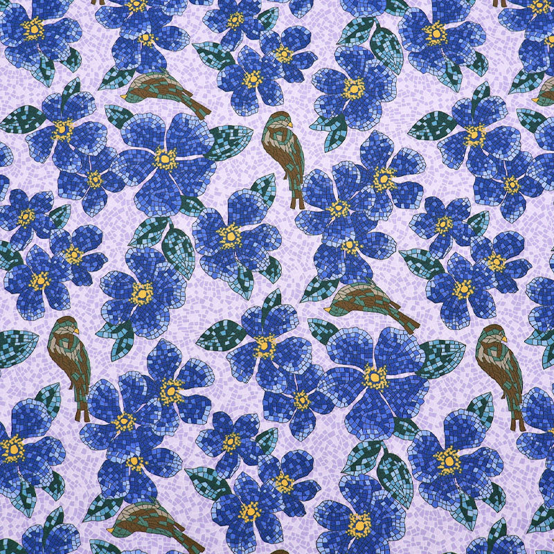 100% Cotton Blue Bird and Floral Mosaic Print Fabric Made in Japan