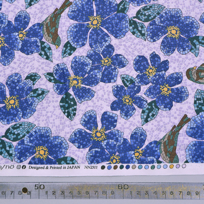 100% Cotton Blue Bird and Floral Mosaic Print Fabric Made in Japan