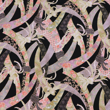 Beautiful Japanese fabric featuring an intricate design of doves and pastel floral ribbons on a black background. 100% cotton