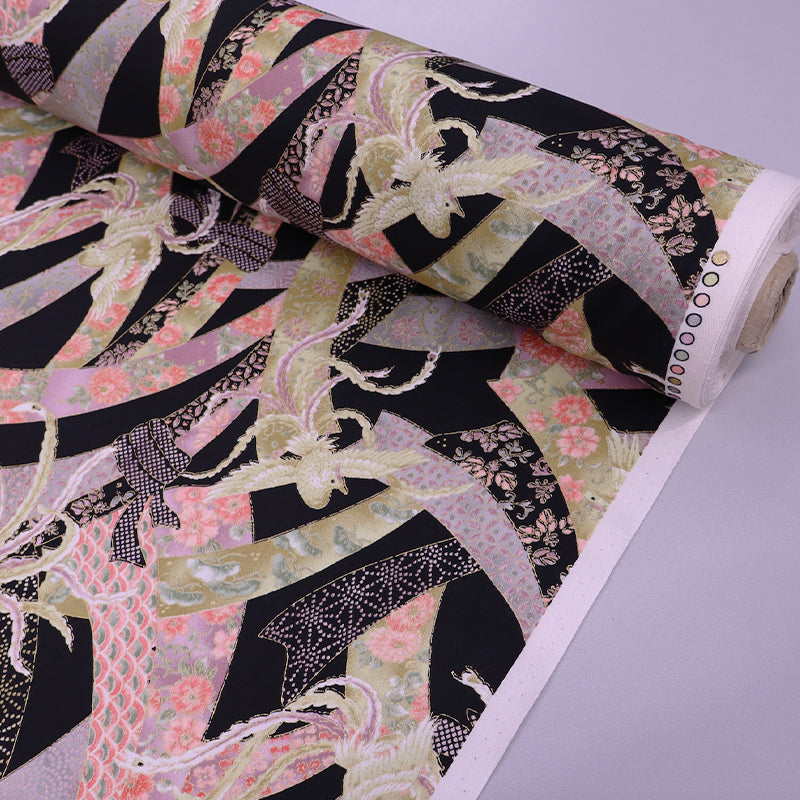 Beautiful Japanese fabric featuring an intricate design of doves and pastel floral ribbons on a black background. 100% cotton