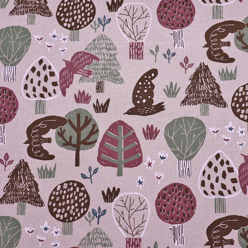80% Cotton 20% Cotton Beige Cotton Linen Fabric - Bird and Tree Print in Pink, Green and Brown
