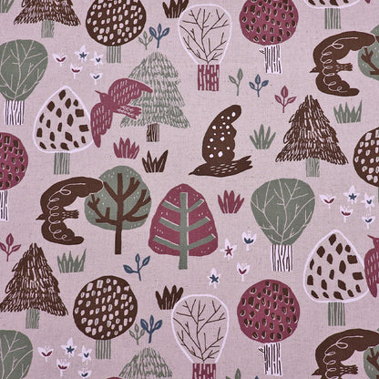 80% Cotton 20% Cotton Beige Cotton Linen Fabric - Bird and Tree Print in Pink, Green and Brown