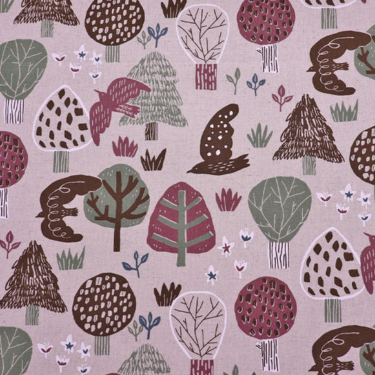 80% Cotton 20% Cotton Beige Cotton Linen Fabric - Bird and Tree Print in Pink, Green and Brown