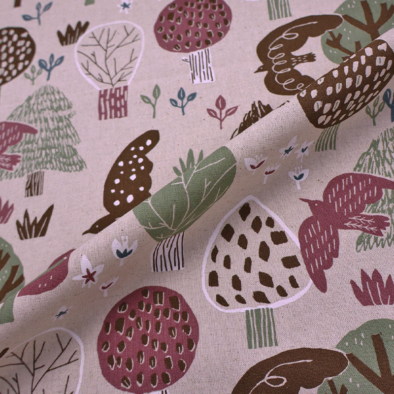 80% Cotton 20% Cotton Beige Cotton Linen Fabric - Bird and Tree Print in Pink, Green and Brown