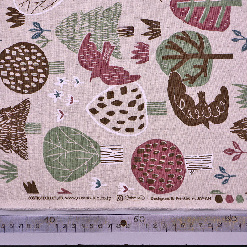 80% Cotton 20% Cotton Beige Cotton Linen Fabric - Bird and Tree Print in Pink, Green and Brown