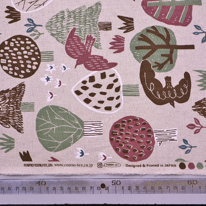 80% Cotton 20% Cotton Beige Cotton Linen Fabric - Bird and Tree Print in Pink, Green and Brown