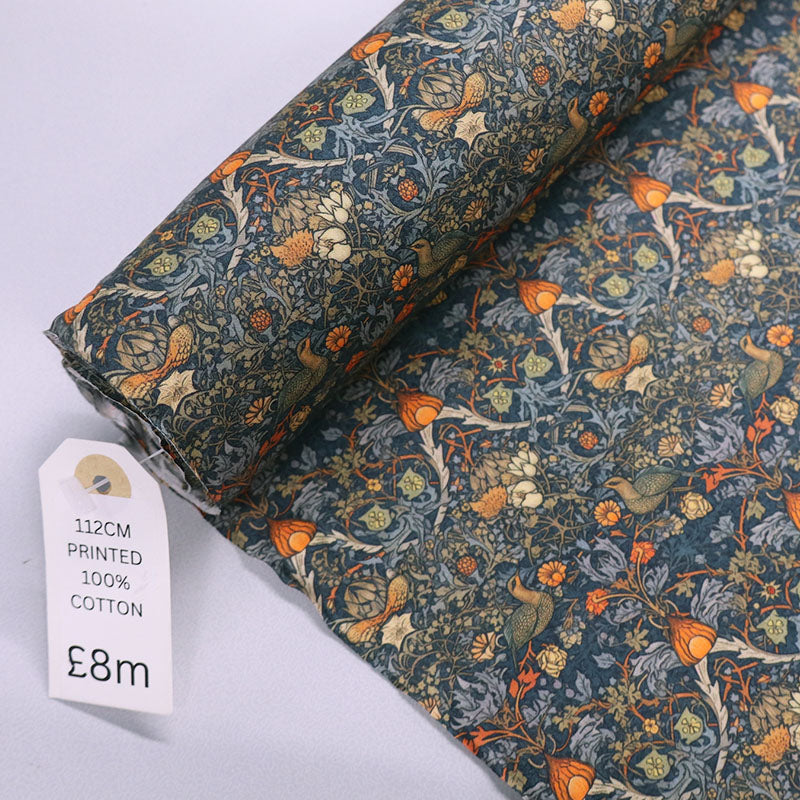 100% Cotton Dark Blue and Orange Floral and Bird Print Cotton Fabric