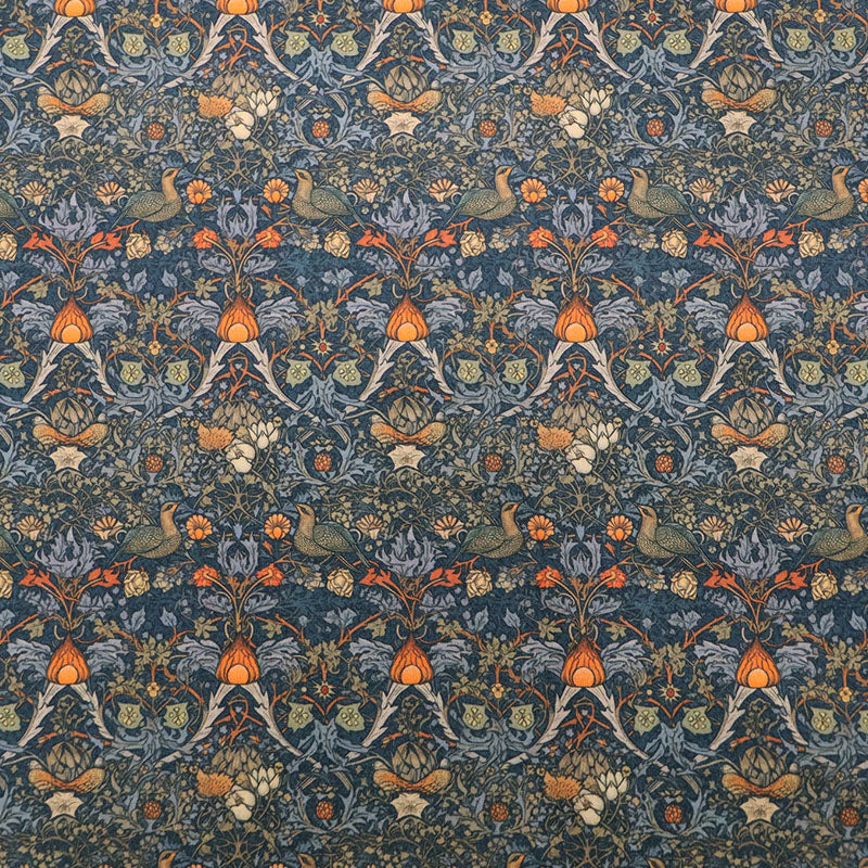 100% Cotton Dark Blue and Orange Floral and Bird Print Cotton Fabric