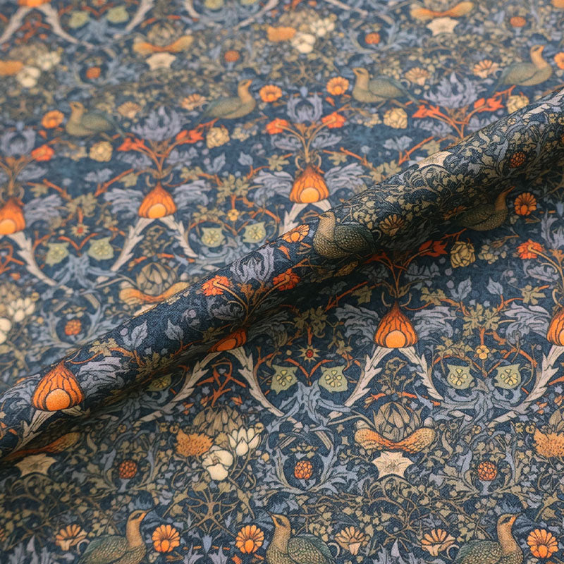100% Cotton Dark Blue and Orange Floral and Bird Print Cotton Fabric