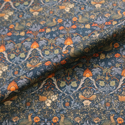 100% Cotton Dark Blue and Orange Floral and Bird Print Cotton Fabric