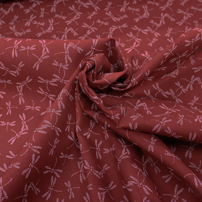 100% Cotton Red Cotton Fabric - Dragonfly print in white