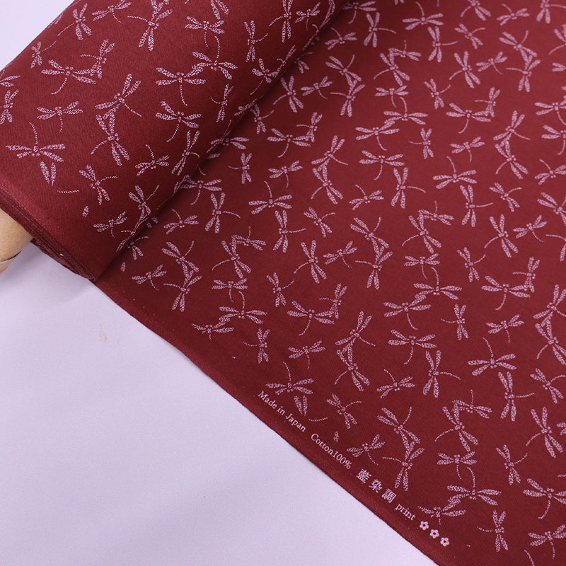 100% Cotton Red Cotton Fabric - Dragonfly print in white