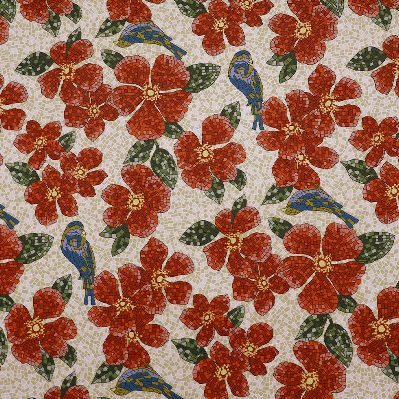 100% Cotton Red Bird and Floral Mosaic Print Japanese Fabric