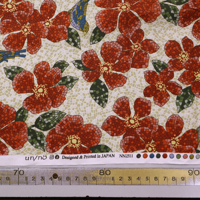 100% Cotton Red Bird and Floral Mosaic Print Japanese Fabric