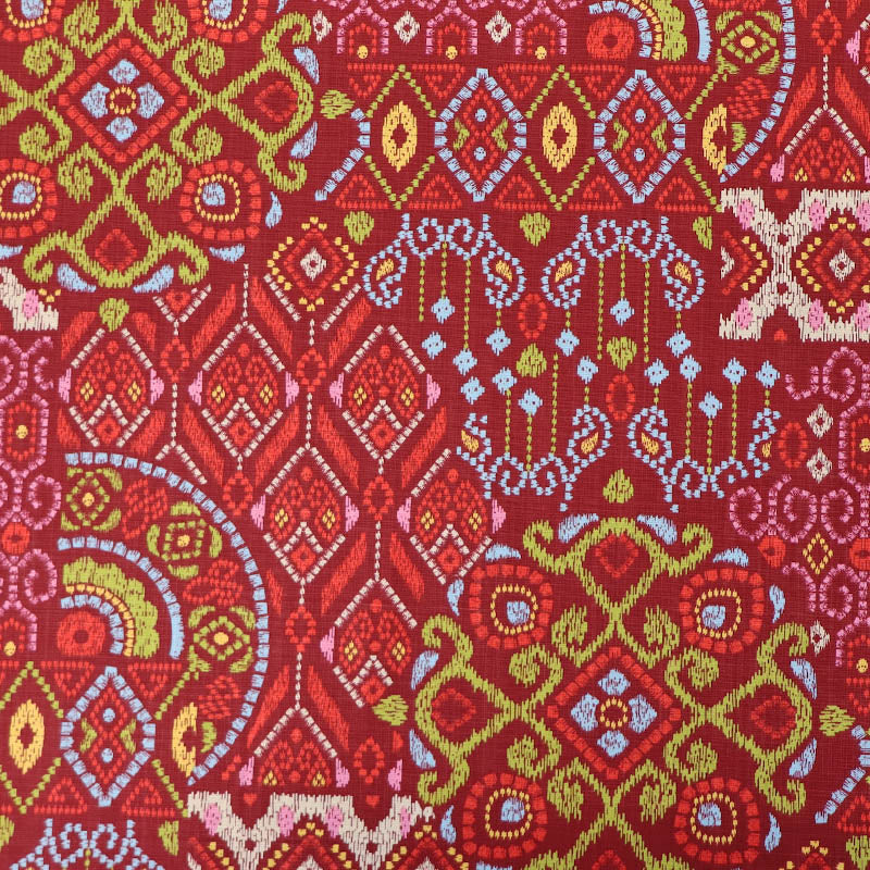 100% Cotton Red Cotton Fabric - Lino Print with geometric patterns in gold