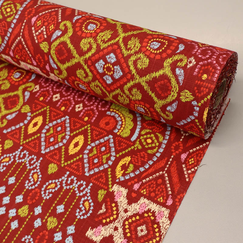 100% Cotton Red Cotton Fabric - Lino Print with geometric patterns in gold