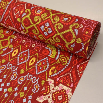 100% Cotton Red Cotton Fabric - Lino Print with geometric patterns in gold