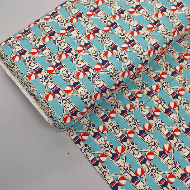 100% Cotton Fabric - Aqua Blue and Red Swimmers with beach balls
