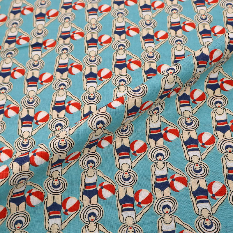 100% Cotton Fabric - Aqua Blue and Red Swimmers with beach balls