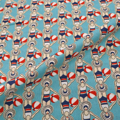 100% Cotton Fabric - Aqua Blue and Red Swimmers with beach balls