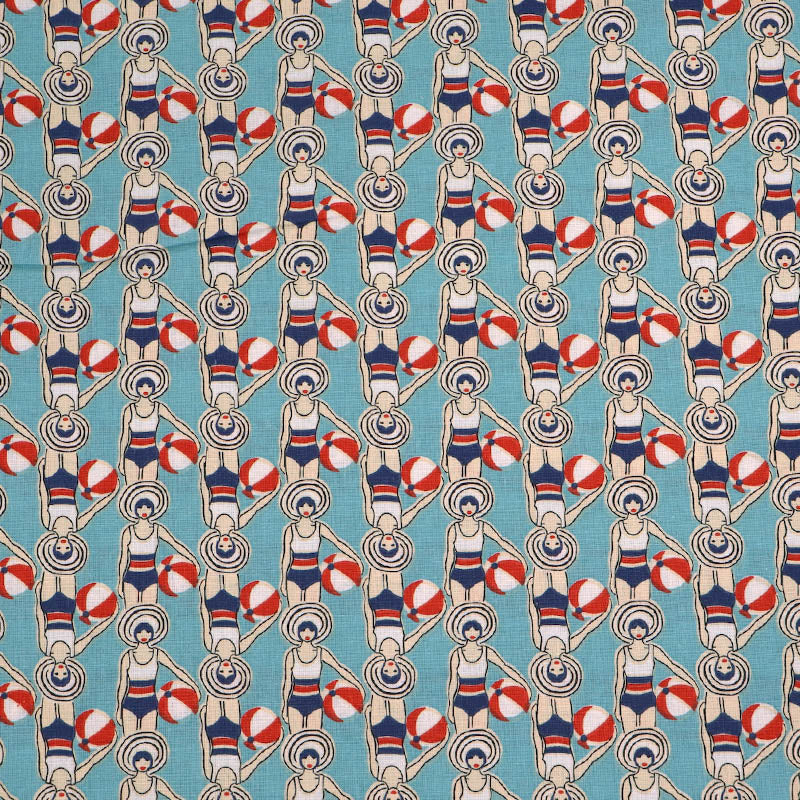 100% Cotton Fabric - Aqua Blue and Red Swimmers with beach balls