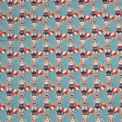 100% Cotton Fabric - Aqua Blue and Red Swimmers with beach balls