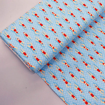 100% Cotton Fabric - Red Swimmers in Pale Blue Swimming Pool