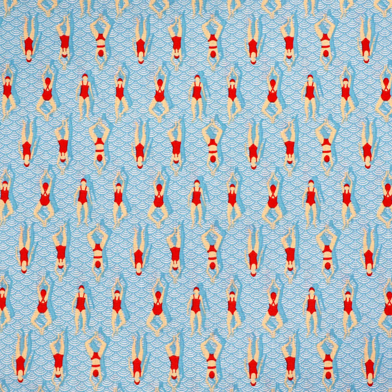 100% Cotton Fabric - Red Swimmers in Pale Blue Swimming Pool