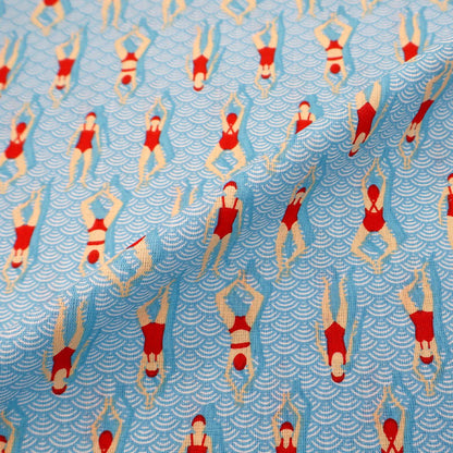 100% Cotton Fabric - Red Swimmers in Pale Blue Swimming Pool