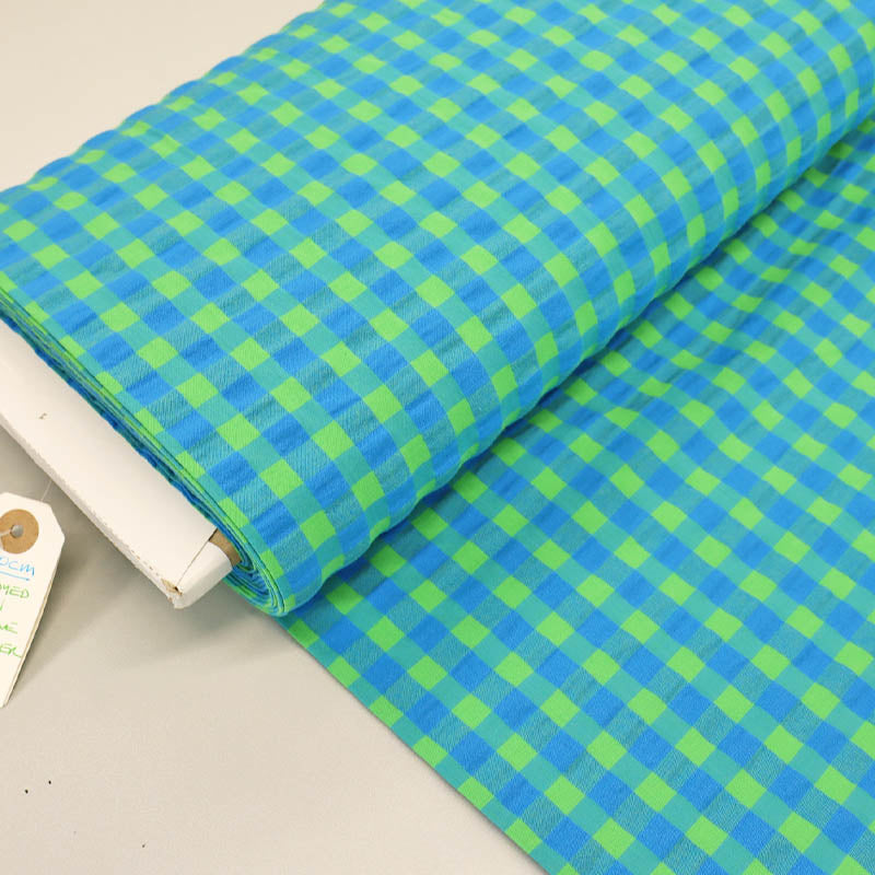 97% Cotton 3% Elastane Green and Blue Gingham Seersucker Fabric