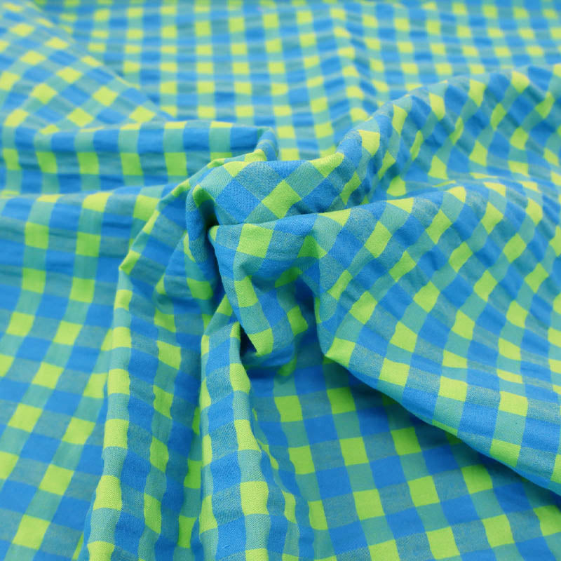 97% Cotton 3% Elastane Green and Blue Gingham Seersucker Fabric