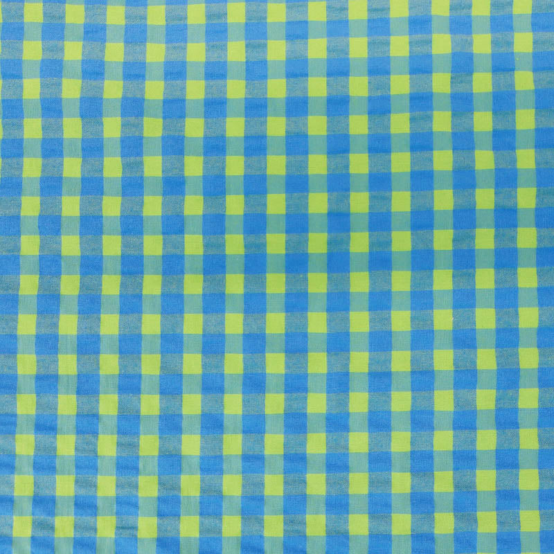 97% Cotton 3% Elastane Green and Blue Gingham Seersucker Fabric