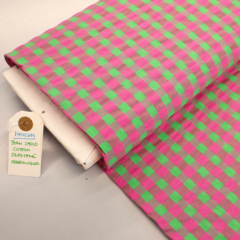 97% Cotton 3% Elastane Green and Pink Yarn Dyed Stretch Gingham Fabric