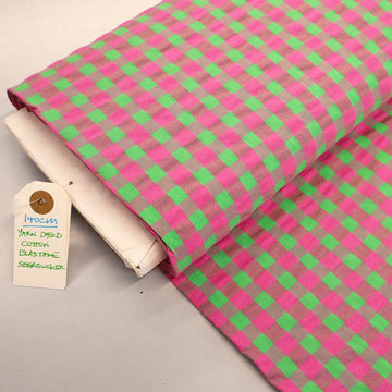 97% Cotton 3% Elastane Green and Pink Yarn Dyed Stretch Gingham Fabric