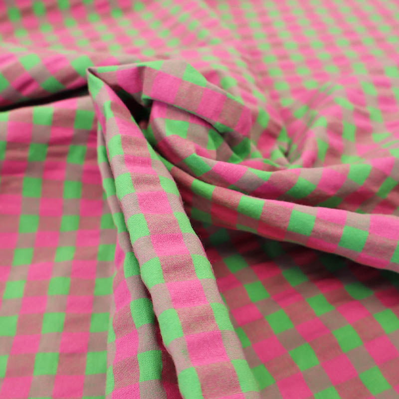 97% Cotton 3% Elastane Green and Pink Yarn Dyed Stretch Gingham Fabric
