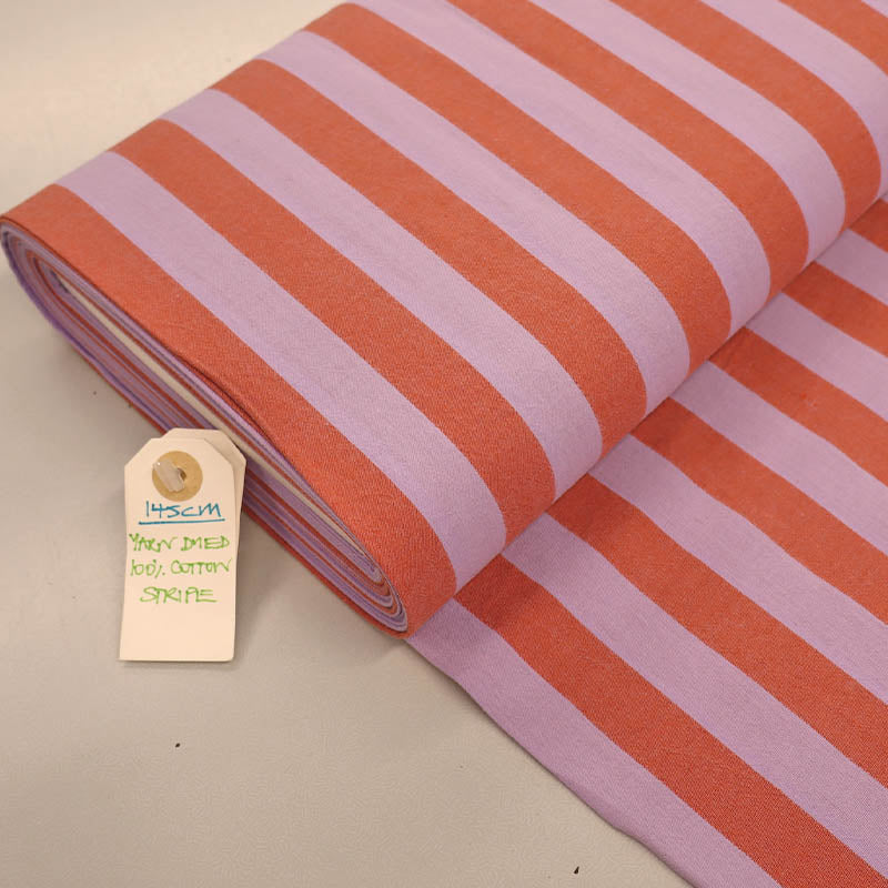 100% Cotton - Yarn Dyed - 2.3cm Stripe - Lilac and Tangerine