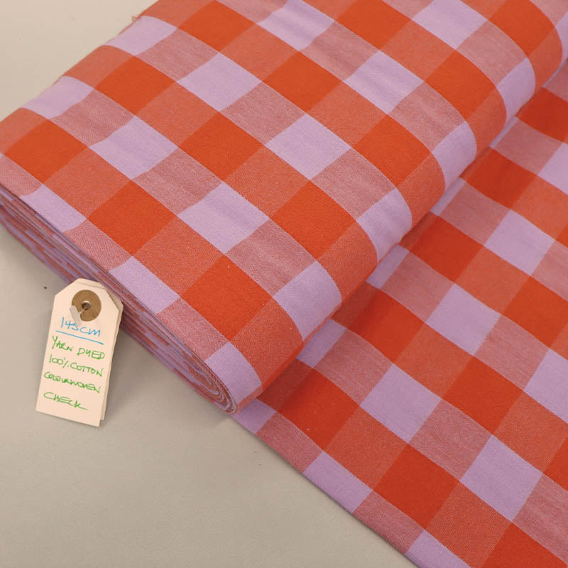 100% Cotton - Yarn Dyed - 3cm Gingham - Lilac and Tangerine