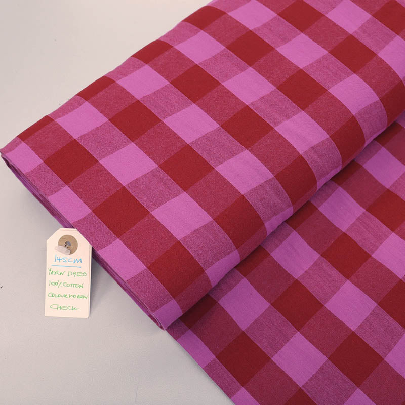 100% Cotton - Yarn Dyed - 3cm Gingham - Red and Magenta Pink