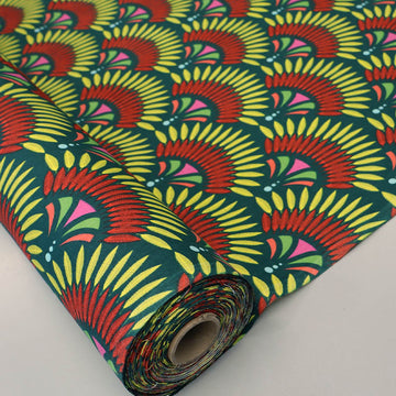 100% Cotton Green Cotton Gabardine Fabric - Geometric Multicoloured Plumage Print